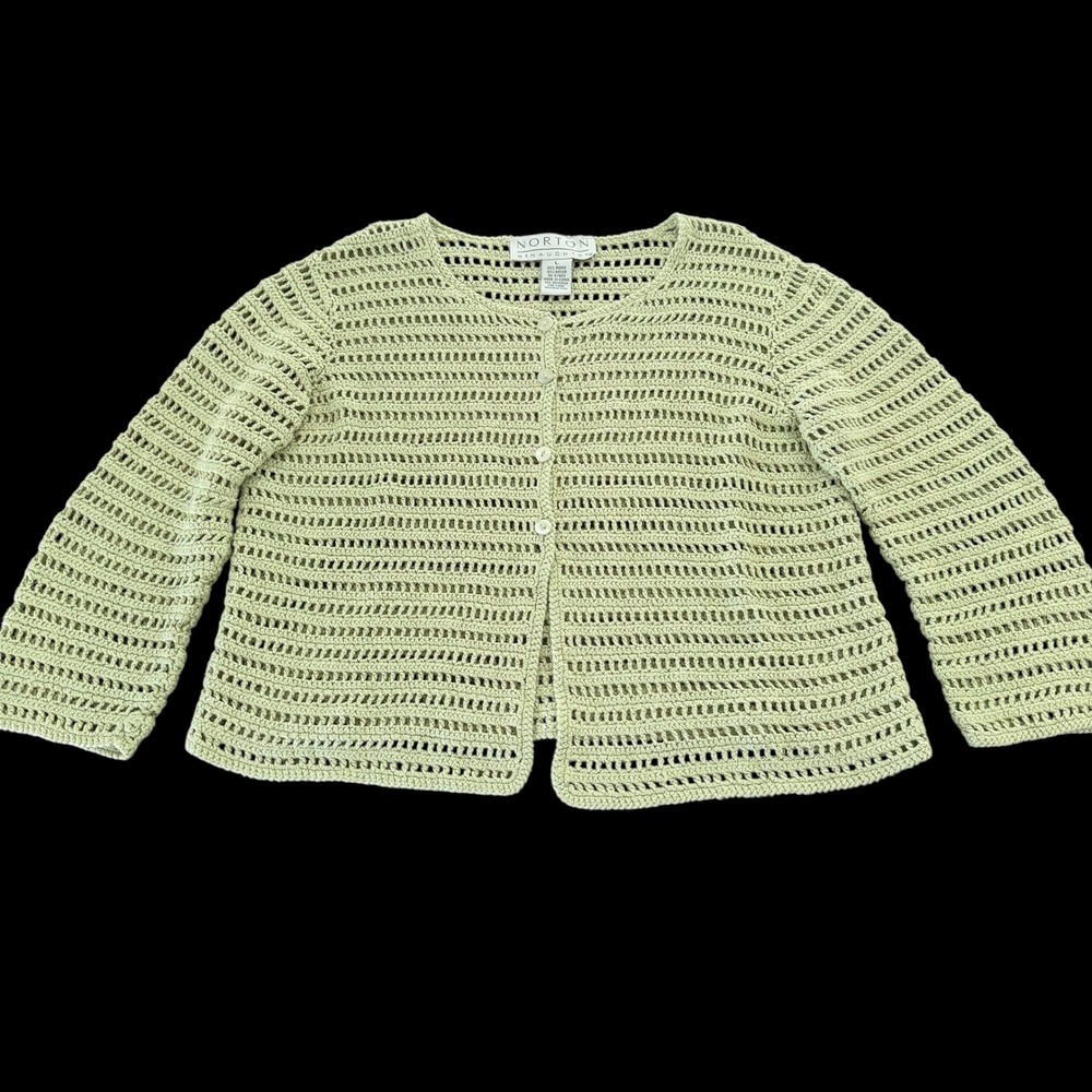Norton McNaughton Womens Large Sage Green Crochet Knit Cardigan Sweater Ramie